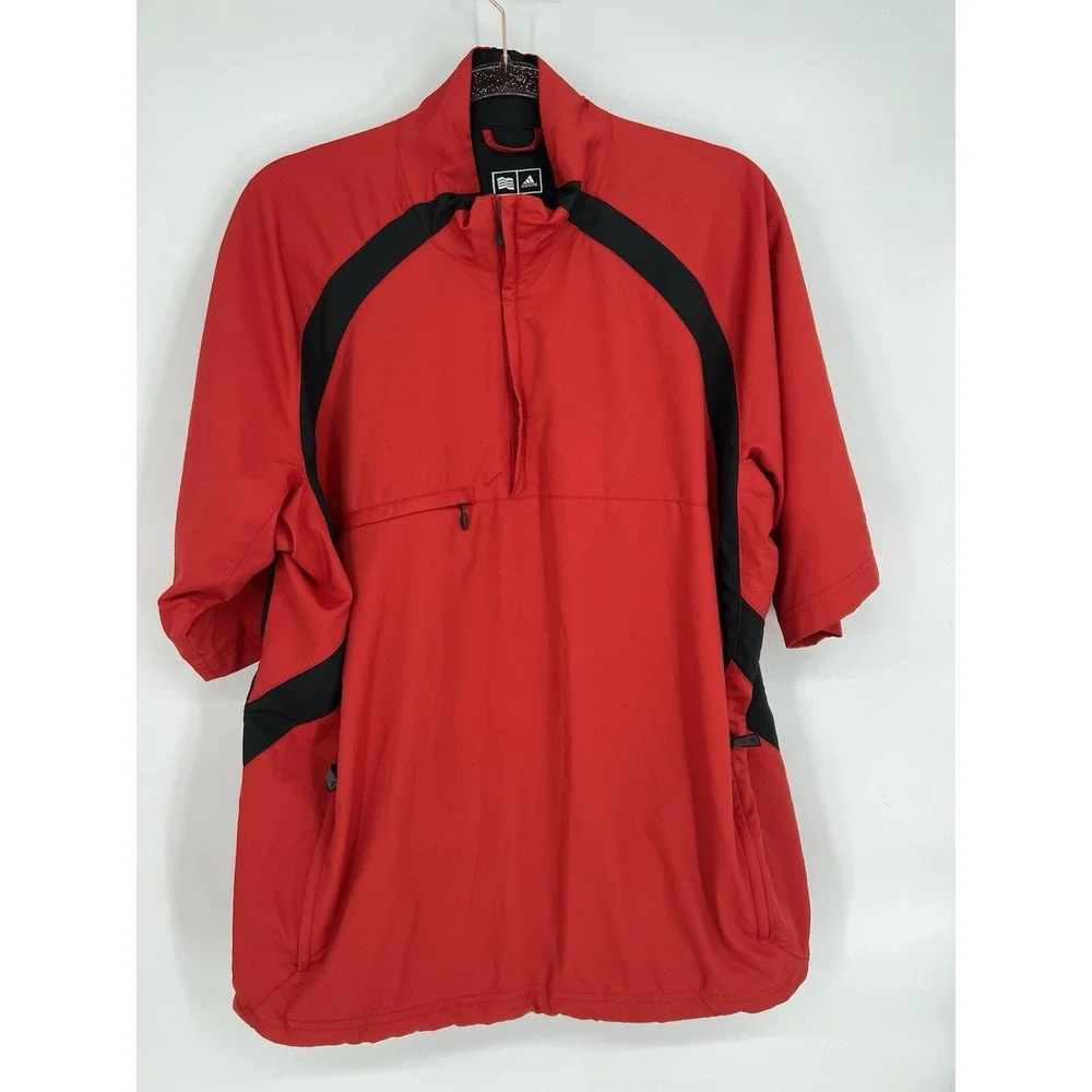 Adidas Jacket Men Large Golf Clima Proof Wind 1/4‎ Zip Pullover Short Sleeve Red